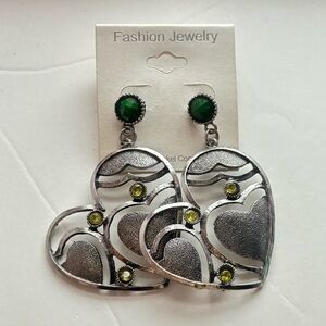 Silver and Green Heart Detailed Earrings